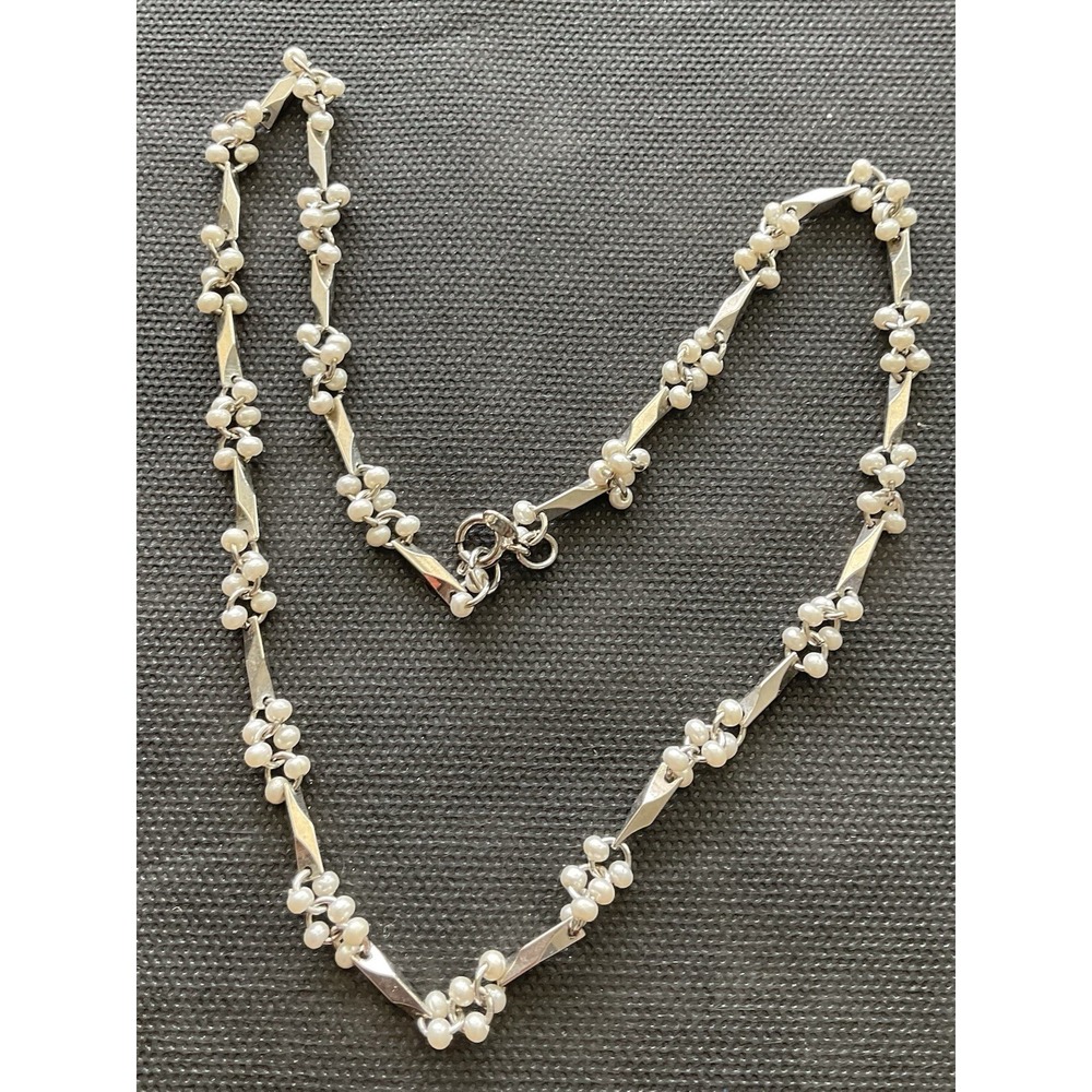 Signed Faberge Silver-tone Bar Necklace Small Pearl Clusters Vintage Estate Jewe